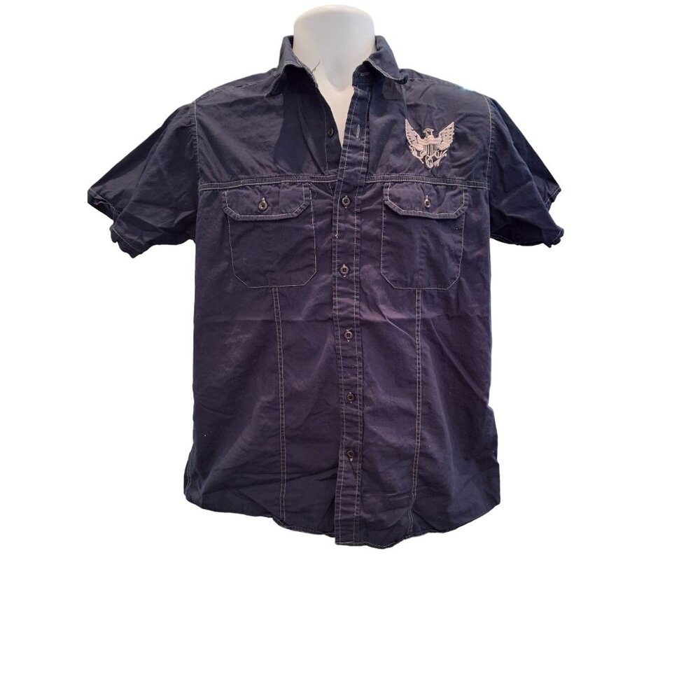 Montage Short Sleeve Button Up Shirt Mens Blue Medium Embroidered Eagle Pockets